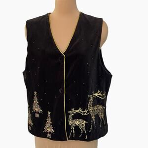 Karen Scott Sport Christmas Vest Womens Large Black Gold Trim Reindeer Trees Vtg